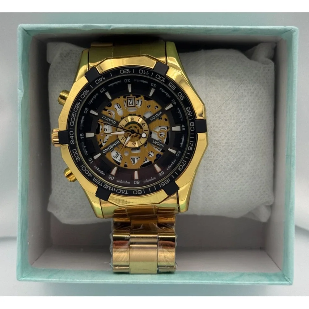 Binbond Gold Colored Stainless Steel Waterproof Luminous Quartz Watch - NEW